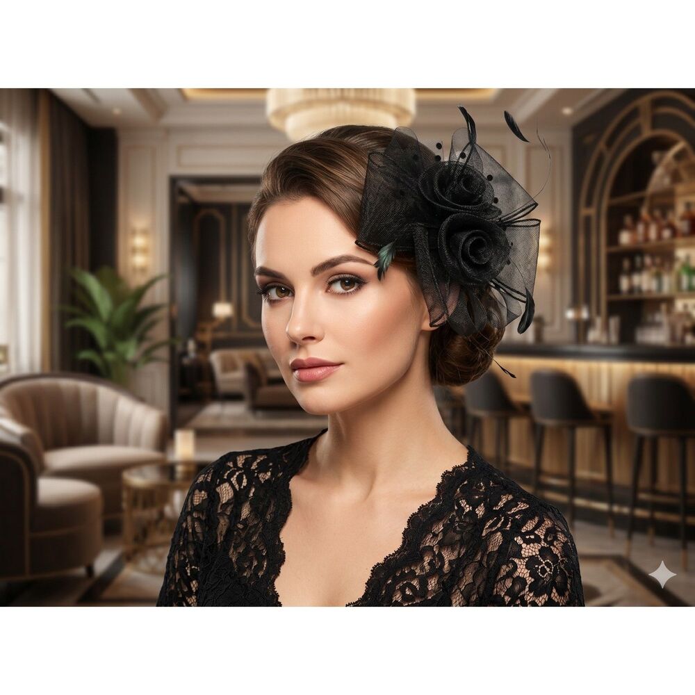 Vintage Black Fascinator Hair Clip Bow Feather